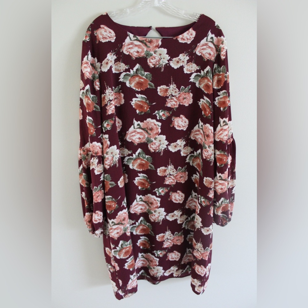 Rose Print Red Long Sleeve Dress